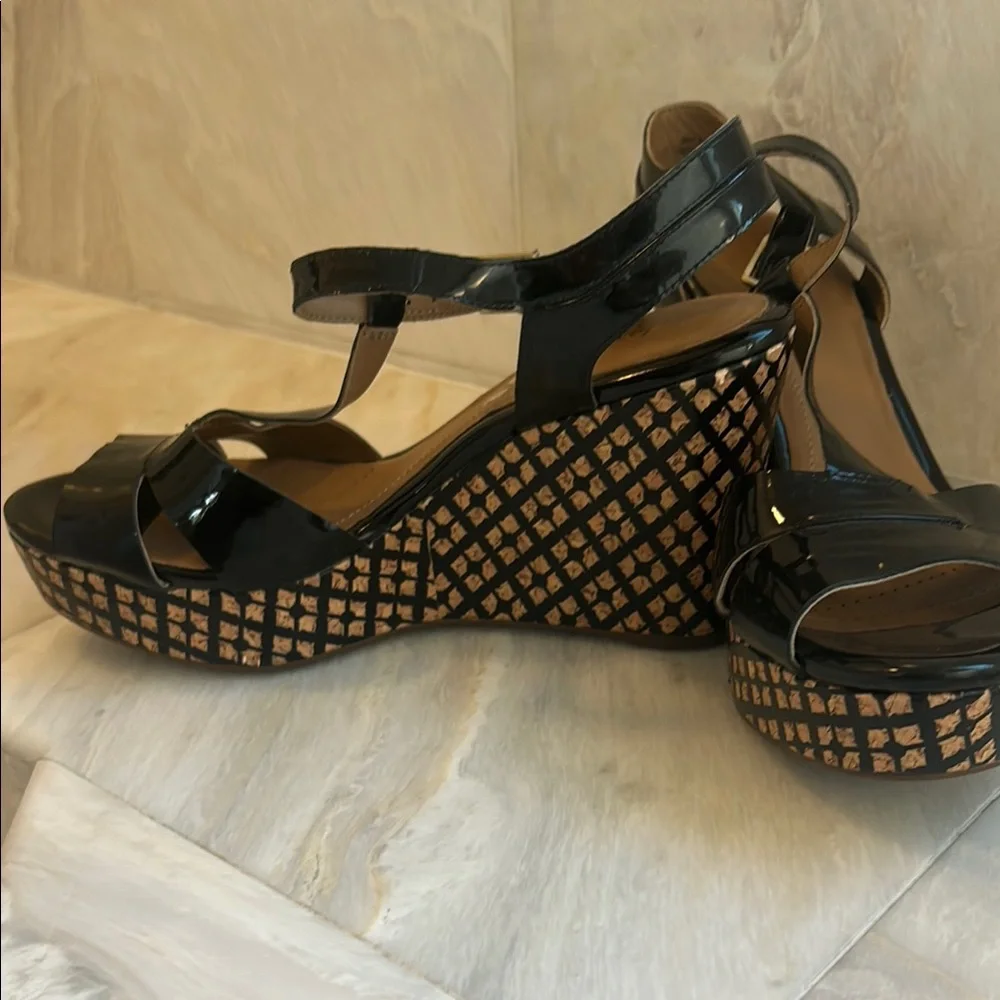 Clarks Black Wedge Escadrille Sandals with Ankle Straps and Cut-Out Design